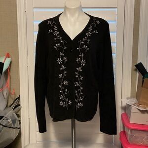 Sag Harbor Black Cardigan with White Floral Embroidery